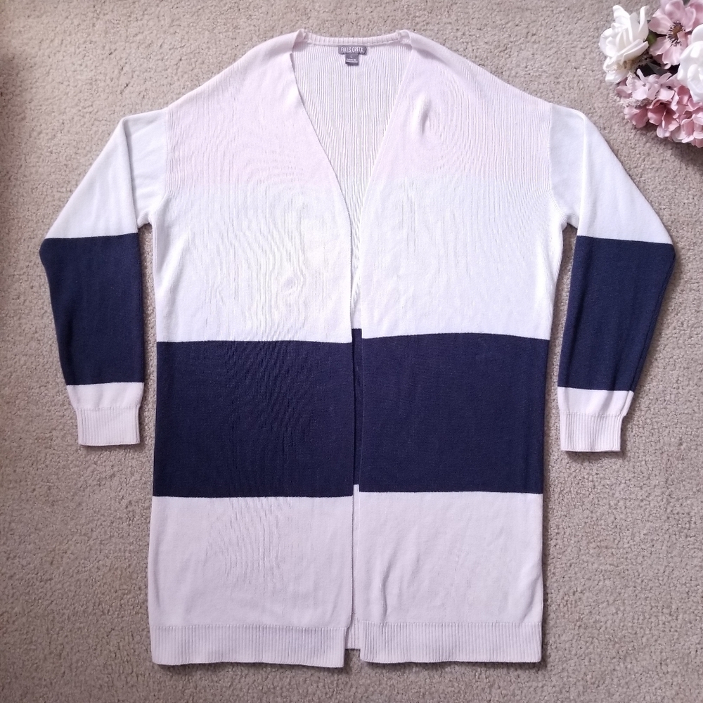 Falls Creek Long Thin Pink White and Navy Cardigan